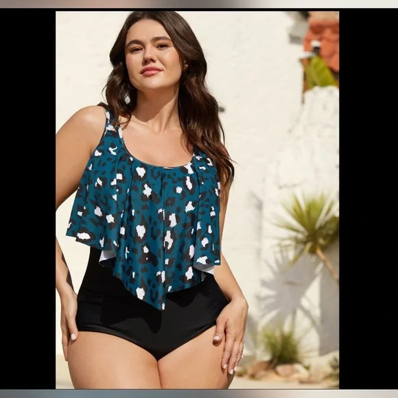 Bloomchic- Teal and Black Ruffled Swimsuit - Picture 1 of 4